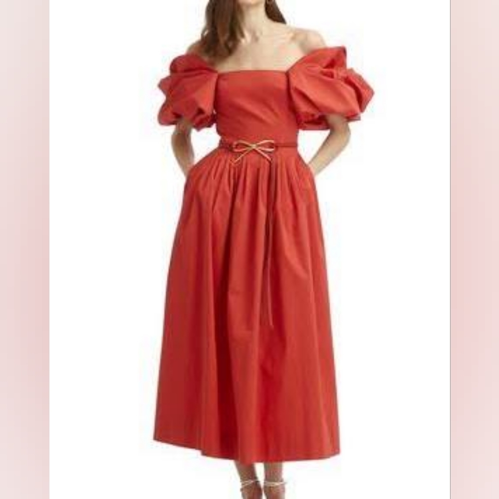 ○$2,990 NEW OSCAR DE LA RENTA  RED OFF SHOULDER RUNWAY MIDI DRESS US 4